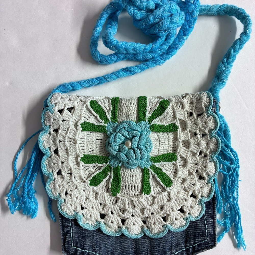 Denim Crossbody Purse, Handmade, Upcycled, Crocheted Flap, Lined
